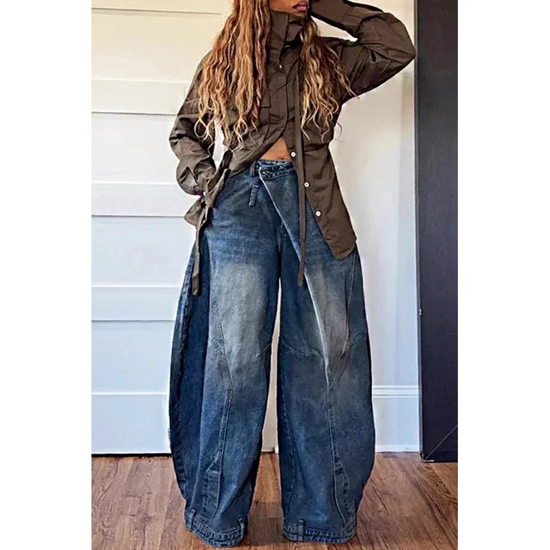 Y2K Women Loose Denim Jeans Asymmetric Button Pocket Washed Jean Casual Harajuku High Street Grunge Denim Trouders Pants 4