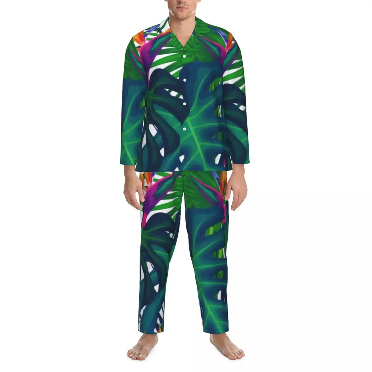 

Jungle Leaves Pajamas Mens Tropical Greenery Print Cute Sleep Sleepwear Spring 2 Piece Vintage Oversized Graphic Pajama Sets