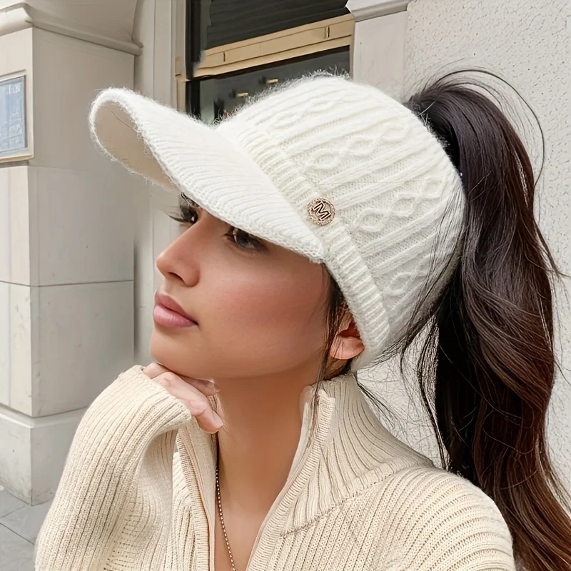 1PC Thick Lined Comfortable Knitted Sun Hat, Suitable for Women - Ear Protection, Autumn and Winter Elastic Baseball Cap