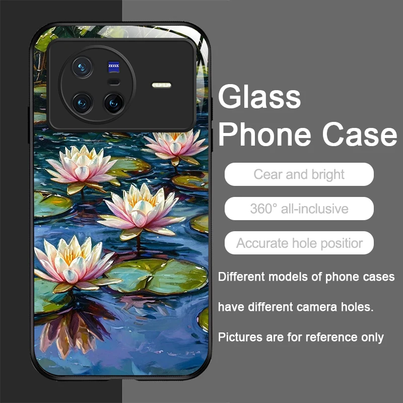 Vintage Lotus Flower Pattern Tempered Glass Phone Case - Artistic Oil Painting Design, Ultra-Durable Hard Cover