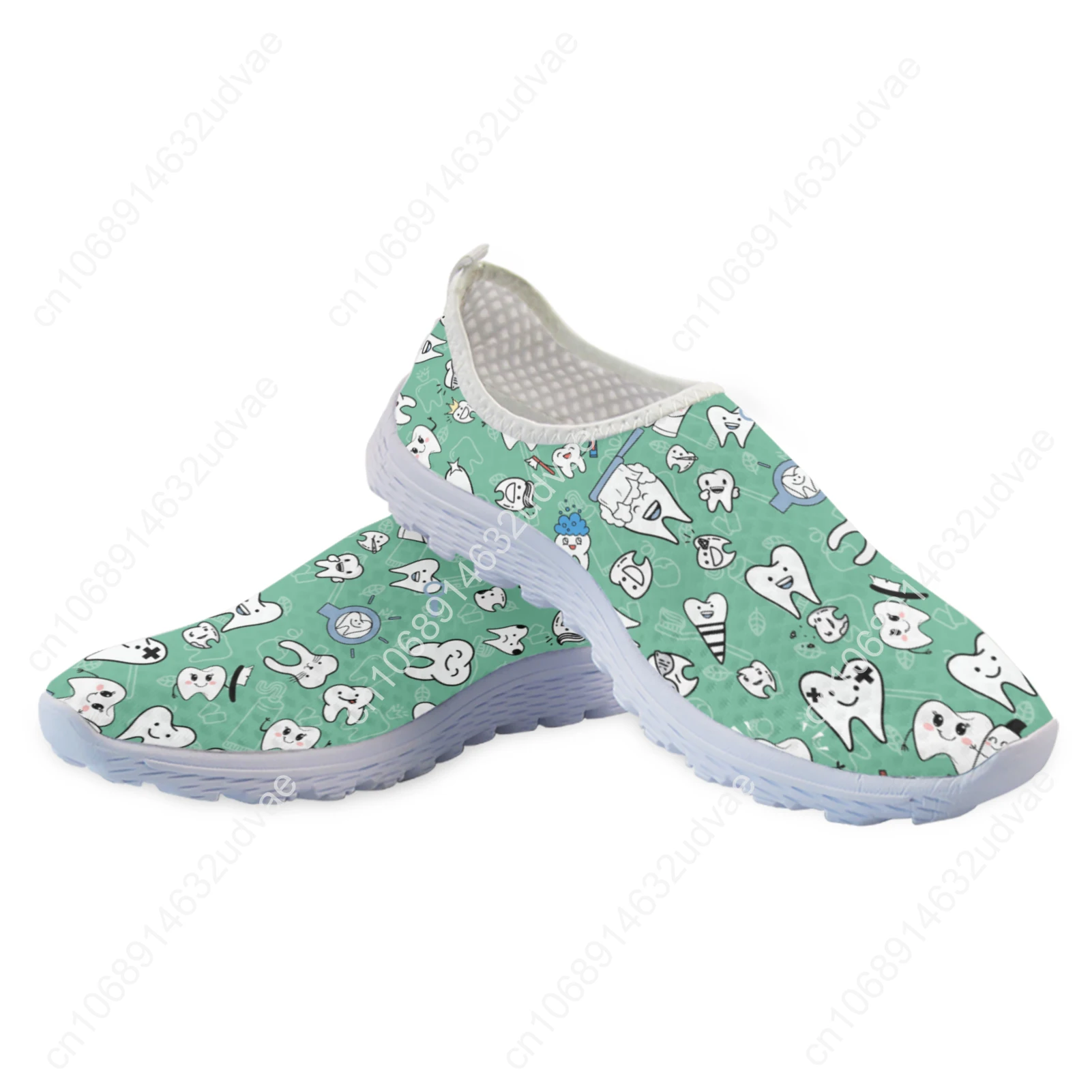 Green Funny Cartoon Teeth Print Ladies Loafers Comfortable Medical Shoes Summer Breathable Mesh Sneakers Zapatos