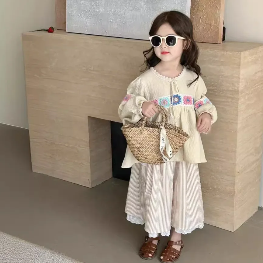 

2024 Spring Toddler Girl 2PCS Clothes Set Korean Sunflower Blouse Cotton Lace Loose Wide Leg Pant Baby Girl Outfit Kid Girl Suit