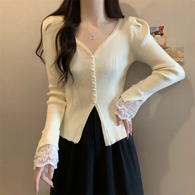 Women Long Sleeve Lace Knitted Sweater Autumn Spring Cardigan