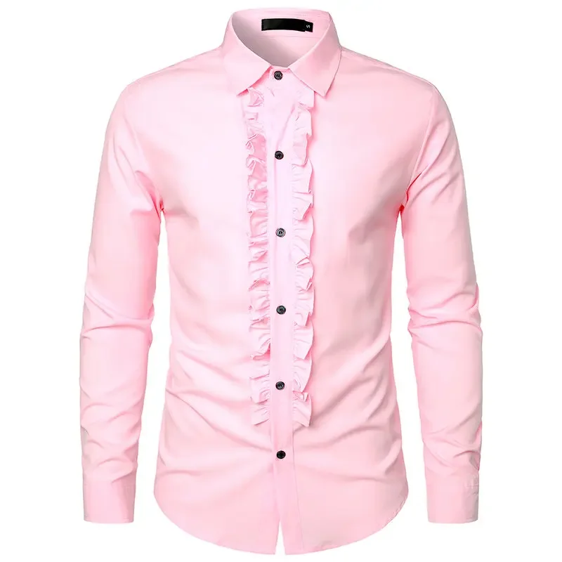 

New Mens Pink Ruffle Tuxedo Shirt Long Sleeve Slim Fit Dress Shirts Stage Prom Wedding Groom Formal Chemise Homme 2XL