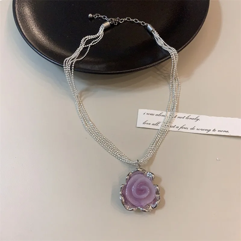 Y2K Purple Crystal Flower Pendant Necklace For Women Stainless Steel Punk Choker Clavicle Chain Aesthetic Necklace Jewelry Gift