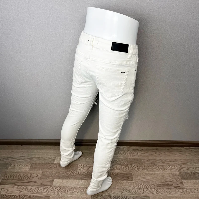 High Street Fashion Men Jeans White Elastic Stretch Skinny Ripped Jeans Men Beading Patched Designer Hip Hop Brand Pants Hombre