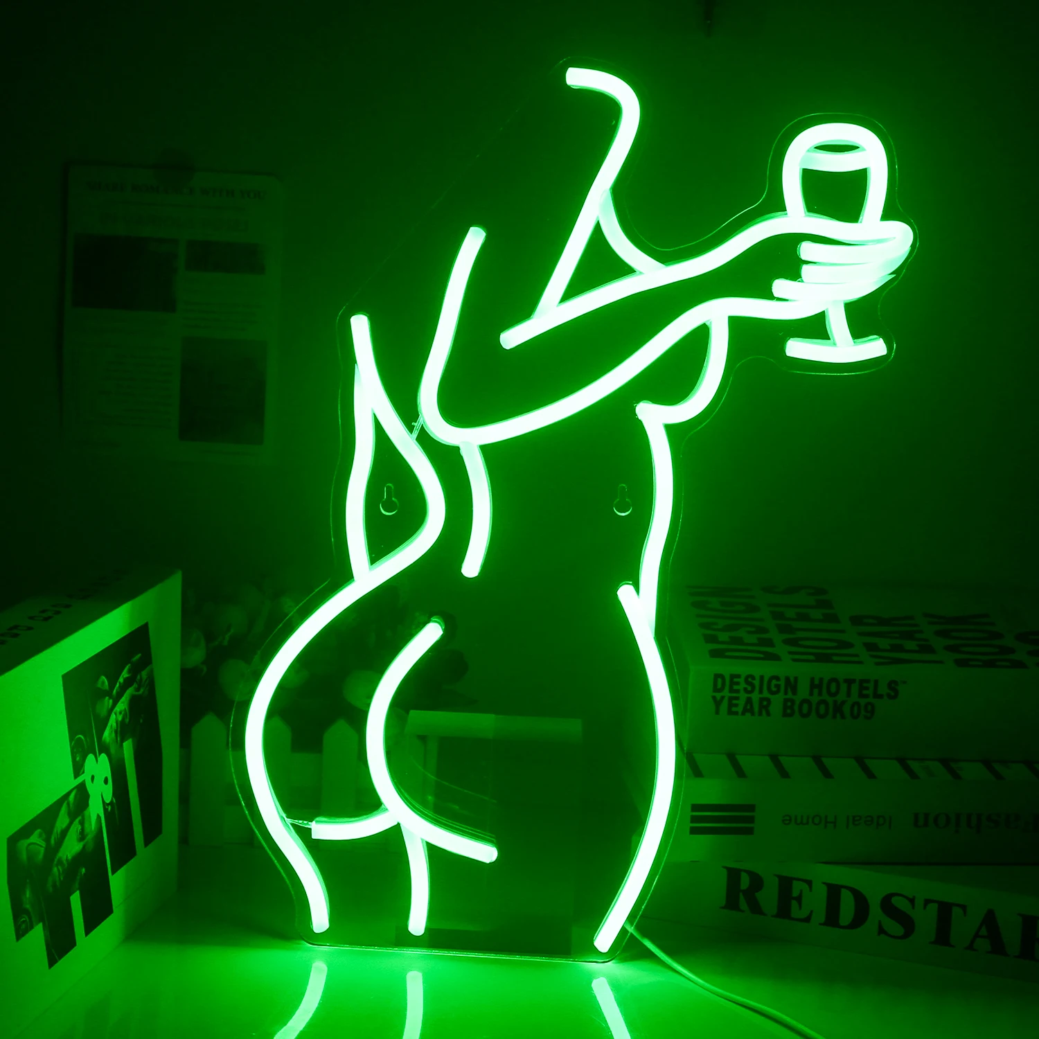 Woman Wine Glass Neon Sign Green LED Sexy Lady Neon Signs For Bar Party Bedroom Indoor Neon Light Acrylic USB Neon Lamps