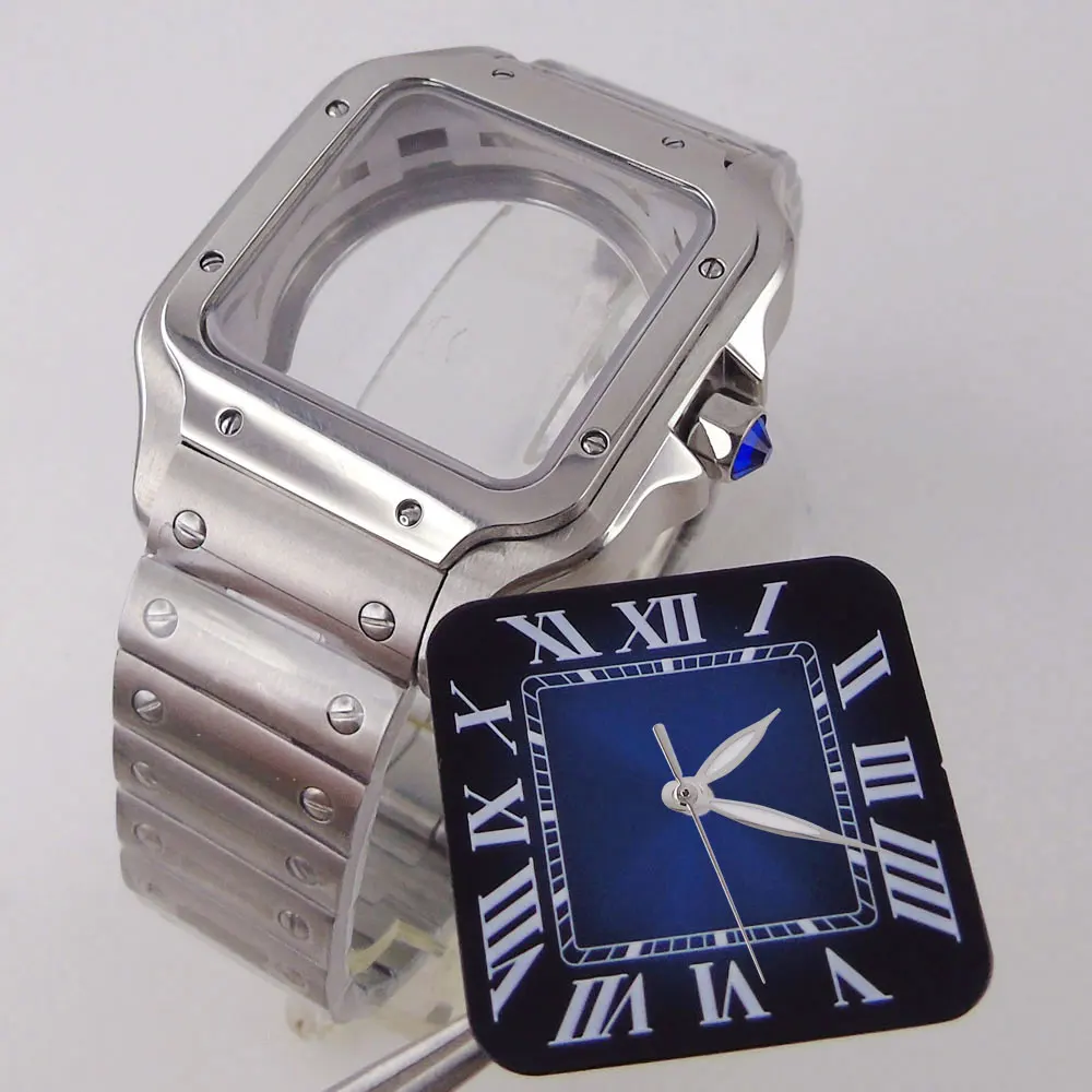 Zweifarbige Uhrenzubehörteile aus 316L-Edelstahl, 38 mm quadratisches Gehäuse, Zifferblatt mit römischen Ziffern, Zeiger-Set, passend für NH35A NH36A, Materialglas – Detail 13