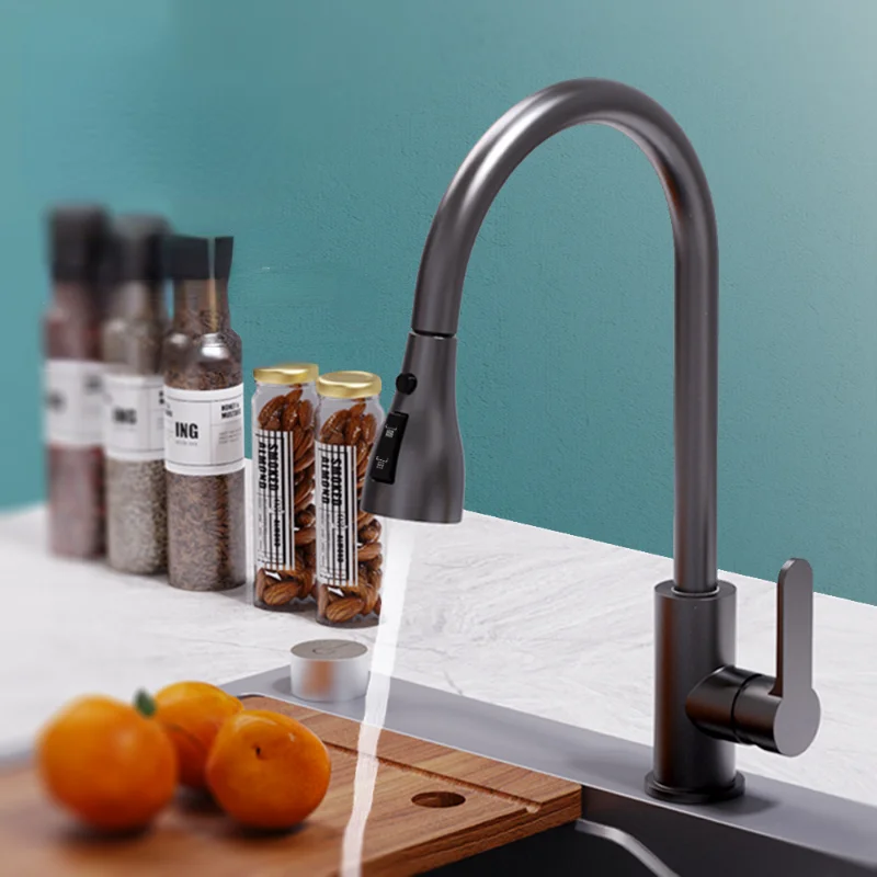 Gun Gray Kitchen Faucet Stainless Steel Pull-out  Hot And Cold Water Three-block Out Wash Basin
