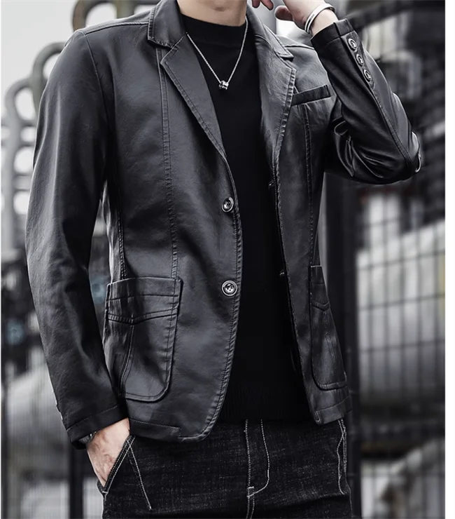 Mens Casual Leather Jacket - 2024 Fashion Slim Fit Coat 5XL BlackKahki
