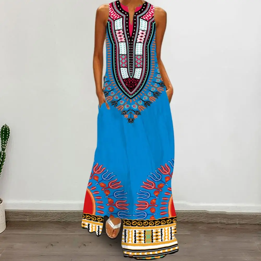 

Женское платье-макси с открытыми плечами, легкое летнее ТРАПЕЦИЕВИДНОЕ ПЛАТЬЕ с этническим принтом и боковыми карманами