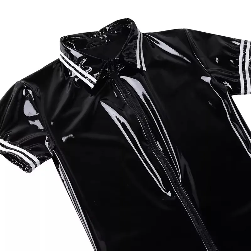 Adult Unitard Men&rsquo;s Short Sleeve Shiny Faux PU Leather Catsuit Sexy Zipper Open Crotch Bodysuit PVC Tights Leotard Plus Size