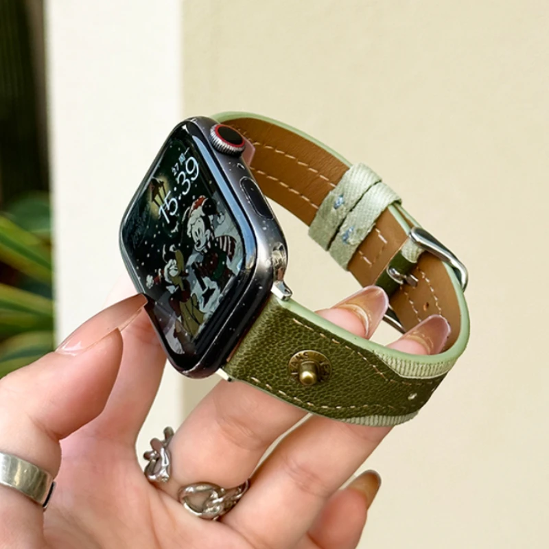 애플 워치용 청바지 리벳 가죽 밴드, 데님 가죽 컬러 매칭 팔찌, iWatch9 4 5 6SE 스트랩, Ultra2 1, 49mm, 45mm, 41mm