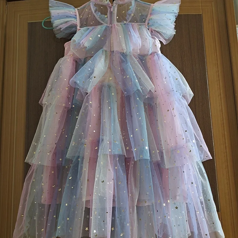 Girls Dress Tulle Fairy Princess Dresses Fly Sleeve Rainbow Star Sequined Cake Dress Children Birthday Party