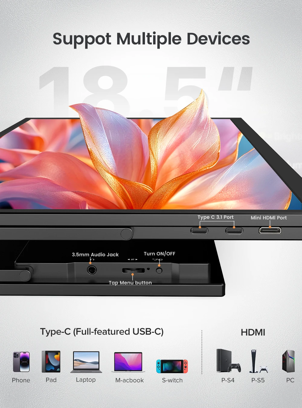 UPERFECT UMax 18.5 ǻ  IPS ġũ 120hz  ũ XBOX PS5 ġ  ÷ FHD 1080P( C ) ̴ HDMI VESA Ʈ PC ȭ Ȯ 