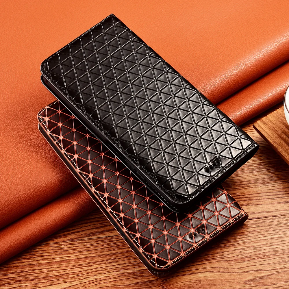 Grid Pattern Genuine Leather Magnetic Flip Phone Case For Samsung Galaxy M42 M51 M52 M62 Xcover 4 Xcover 5 6 Pro 2 Wallet Cover