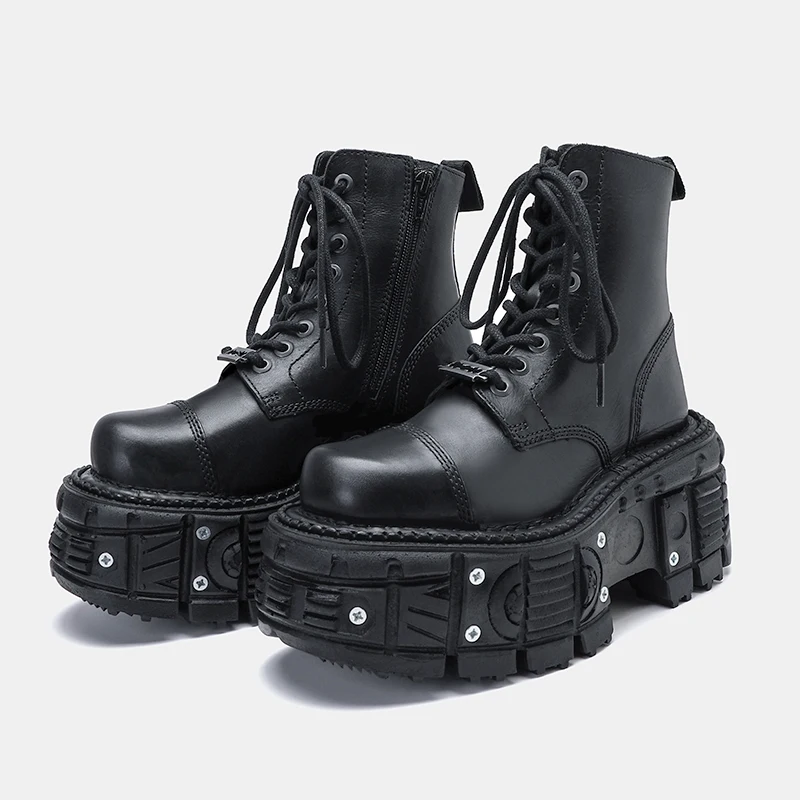 2023 All-Matching Women's Special-Interest Design Lace Up Knight Female Dark Punk Metal Muffin Platform Ankle Boots Men