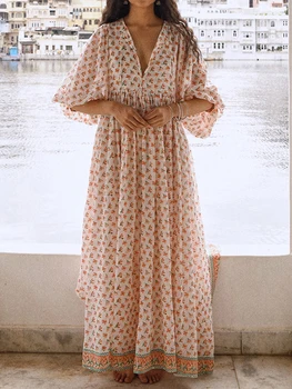 Elegant Maxi Dress with 3 4 Sleeves V Neckline and Floral Print - Stylish Loose Fit Summer Dress for Casual Wear 1