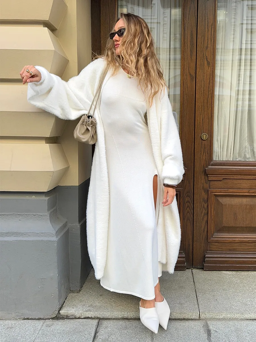 Bornladies New Women's Faux Mink Fur Long Cardigan Robe Loose Fit Oversized Soft Fluffy Fabric Lazy Style Autumn Winter