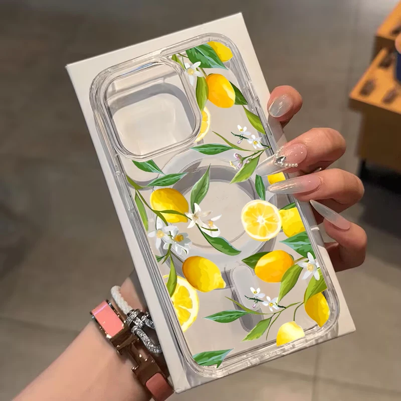 Summer Fruit Lemon Wireless Charger Phone Case with Floral Design