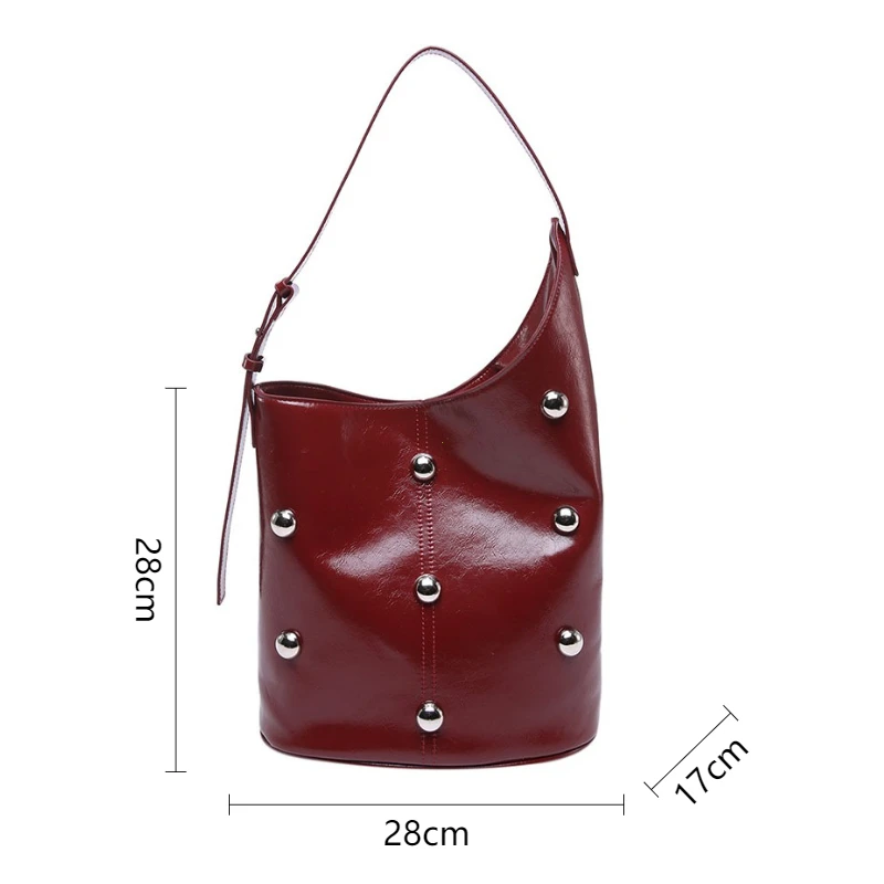 Punk Style Embellished Double-Faced Round Rivet Inlaid Niche Luxury Bucket Bag Chic Lady Underarm Large Capacity Shoulder Bag