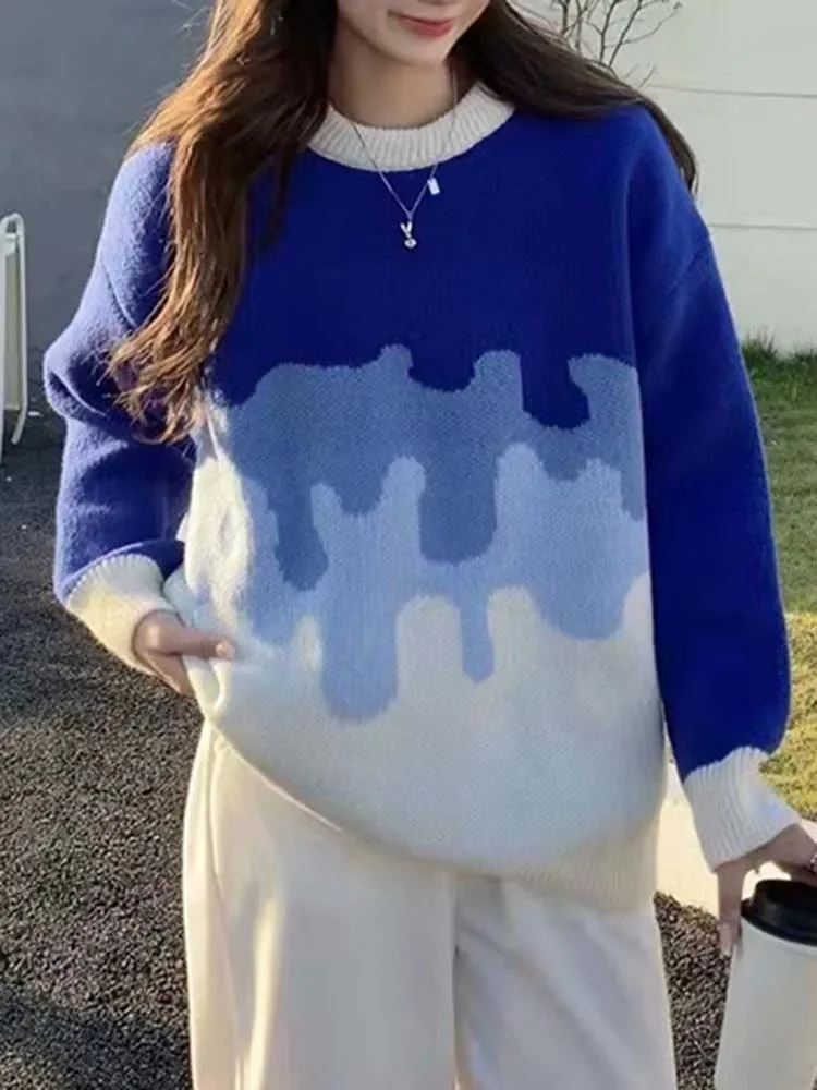 

Женский вязаный свитер с градиентом, повседневный Свободный джемпер с круглым вырезом, теплые вязаные пуловеры, Осень-зима 2023