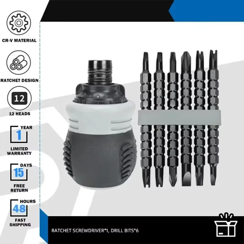 Ergonomic Short Handle Ratchet Screwdriver with 12 Double-Sided Bits