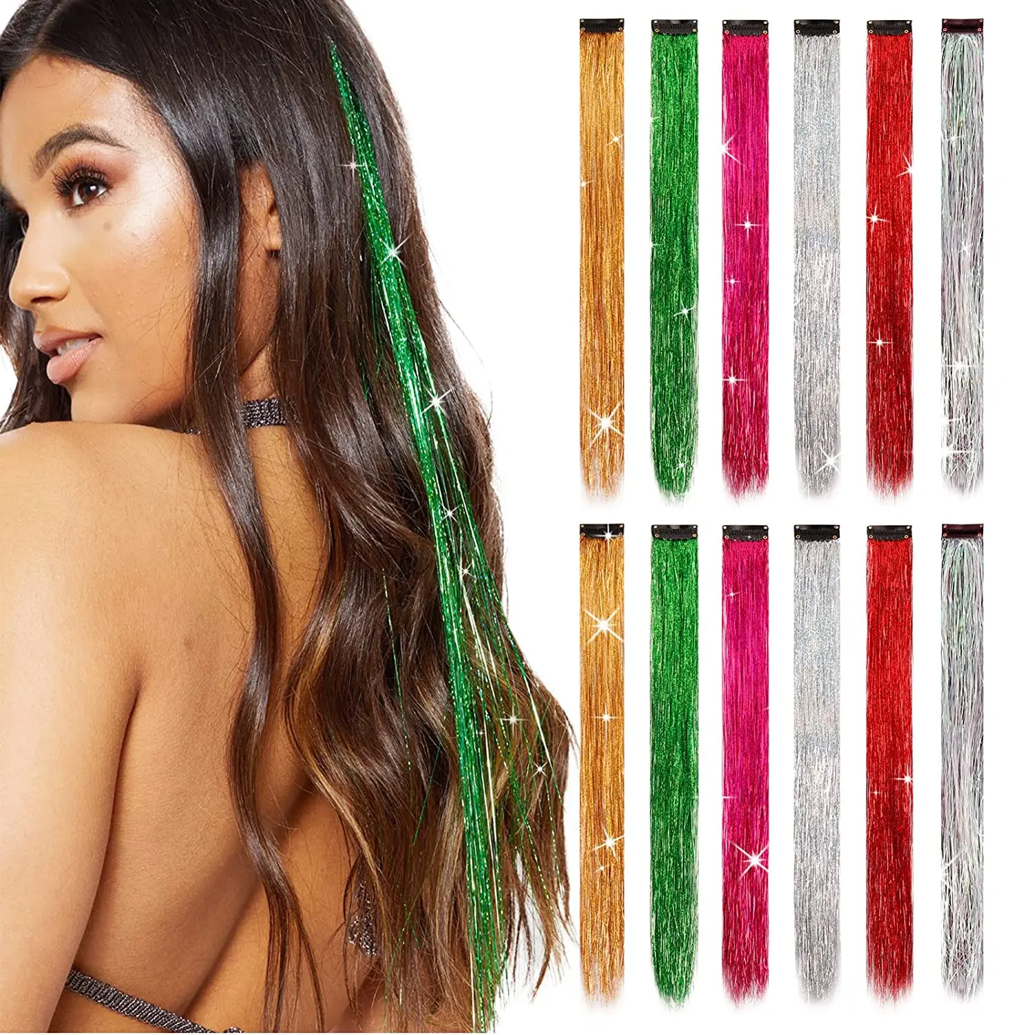 12 color sparkle tinsel clip on hair extensions for girls women glitter party hair accessories 93cm rainbow colored bling piece Black Star Highlight Glitter Tinsel Hair Extensions Clip In - Colored Party Sparkling & Shiny Hair  for Girls Women Kids