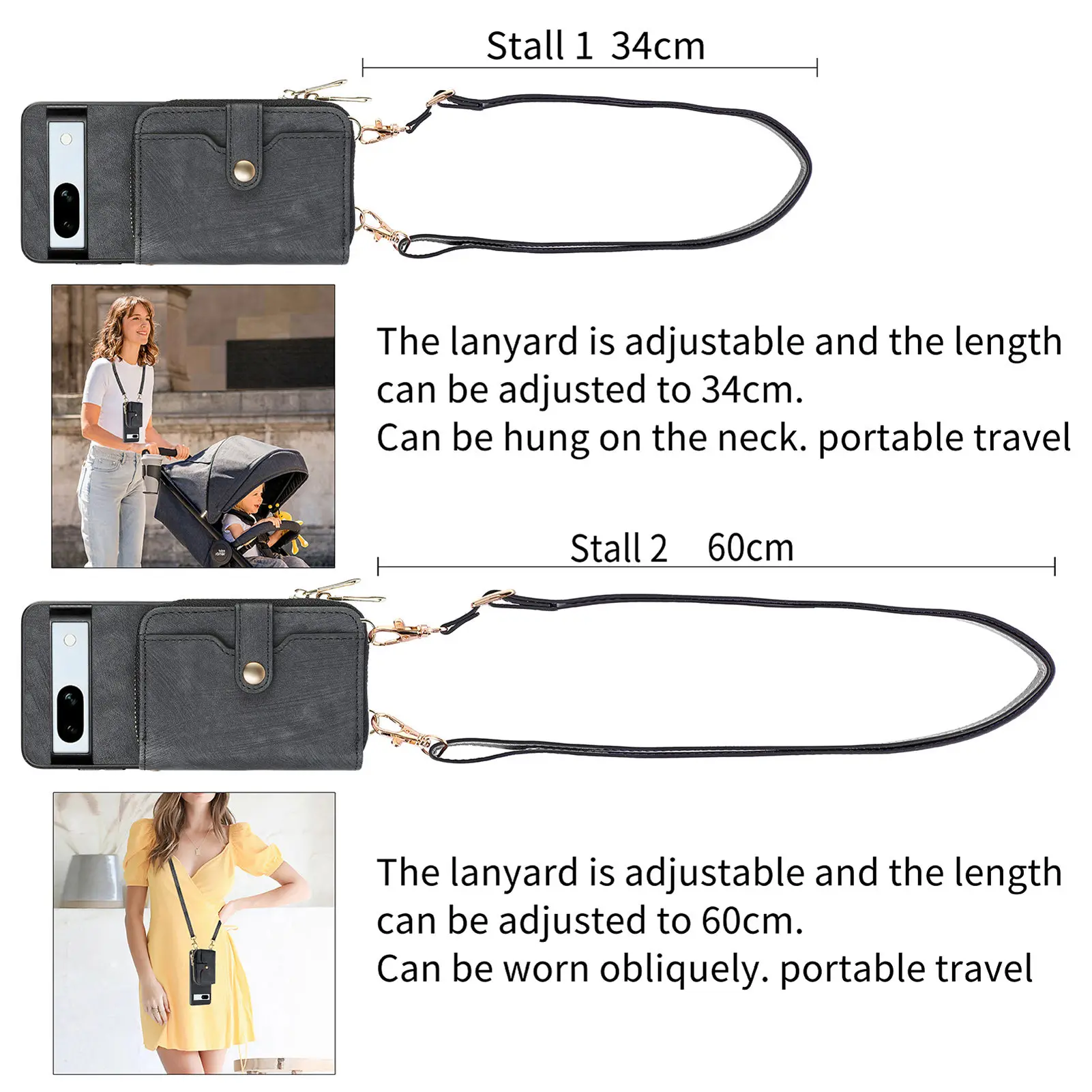 Wallet For Google Pixel 7a Case Zipper Multi Card Slot With Long Lanyard Shockproof Leather Phone Cover For Pixel 8 6 Pro