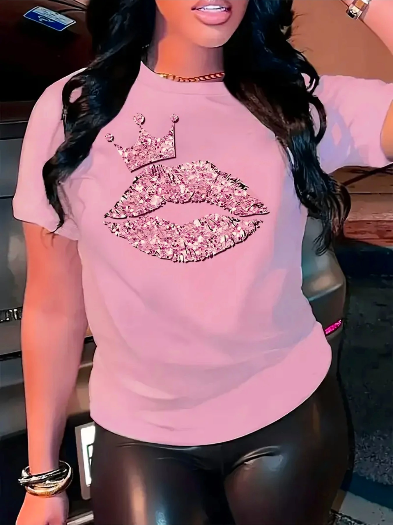 Damen-T-Shirt, lässig, kurzärmelig, Lippendruck, Rundhalsausschnitt, für Frühling und Sommer, Damenmode, grafische Kleidung, 2026, Sommer, neues T-Shirt
