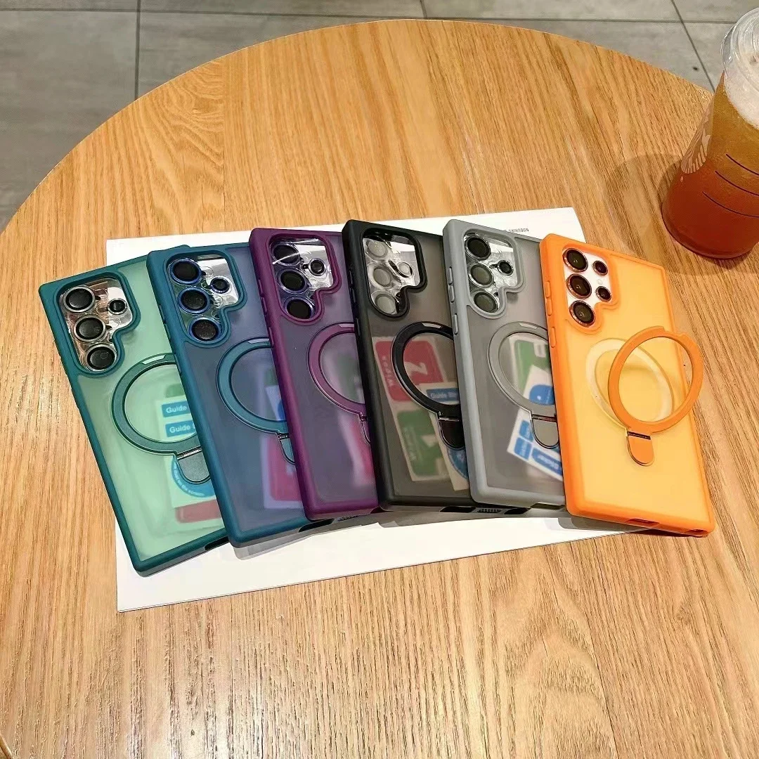 Metal Ring Stand Matte Magnetic Case with Lens Protector