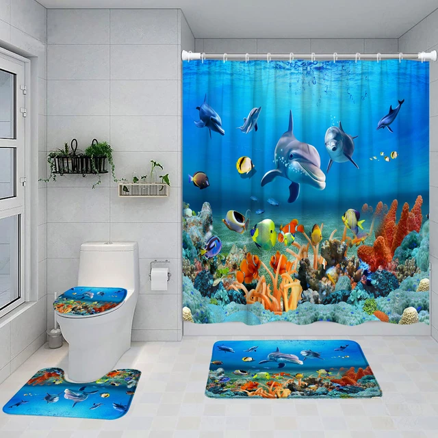 Juego de cortina de ducha con diseño de delfín del océano para niños,  alfombra antideslizante para decoración del baño, cubierta de tapa de  inodoro, peces, Coral, paisaje submarino - AliExpress