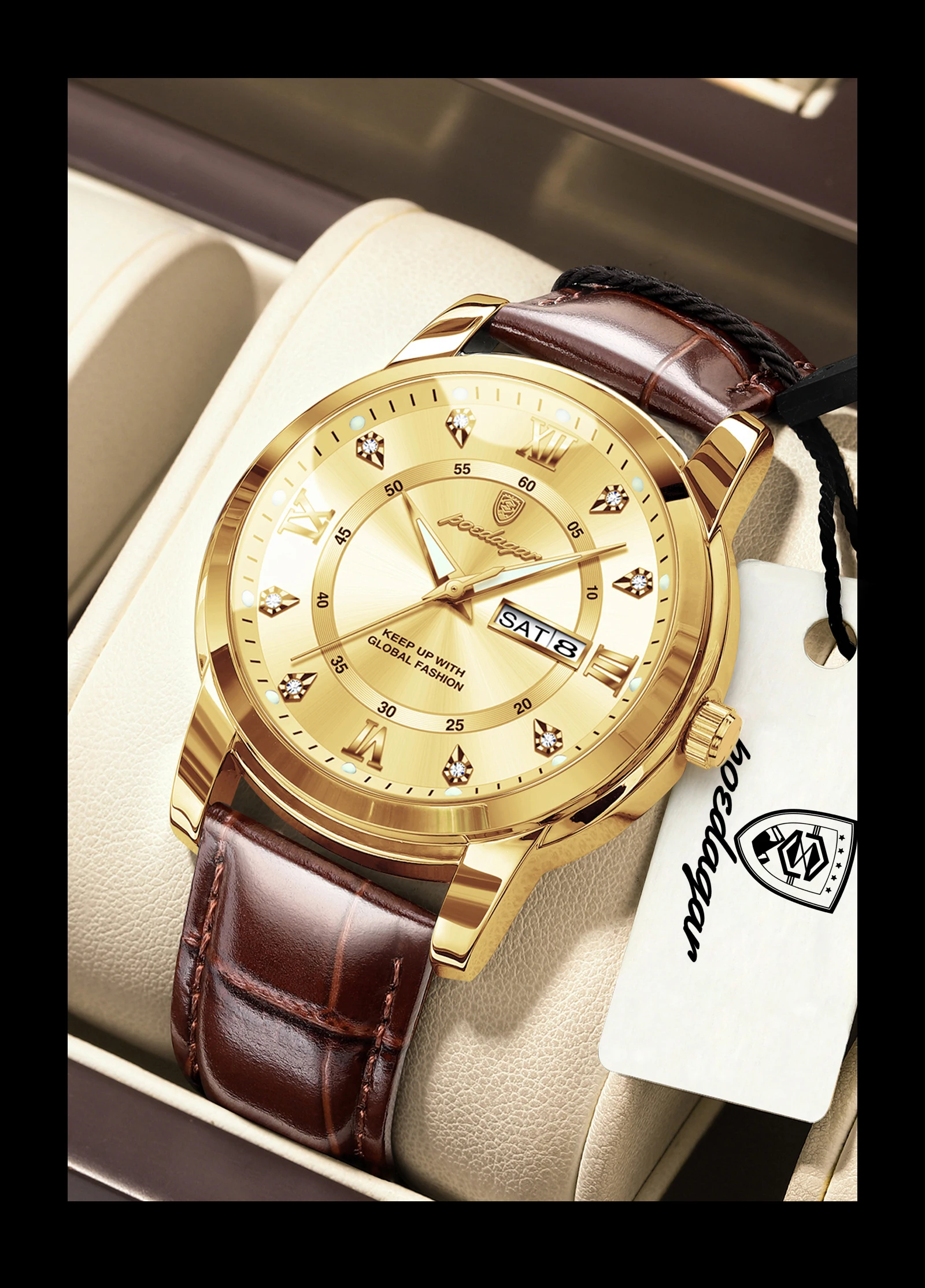 POEDAGAR Luxury Business Male Clock Date Week Waterproof Luminous Gold Men Wristwatch Casual Fashion Quartz Men's Watches Reloj