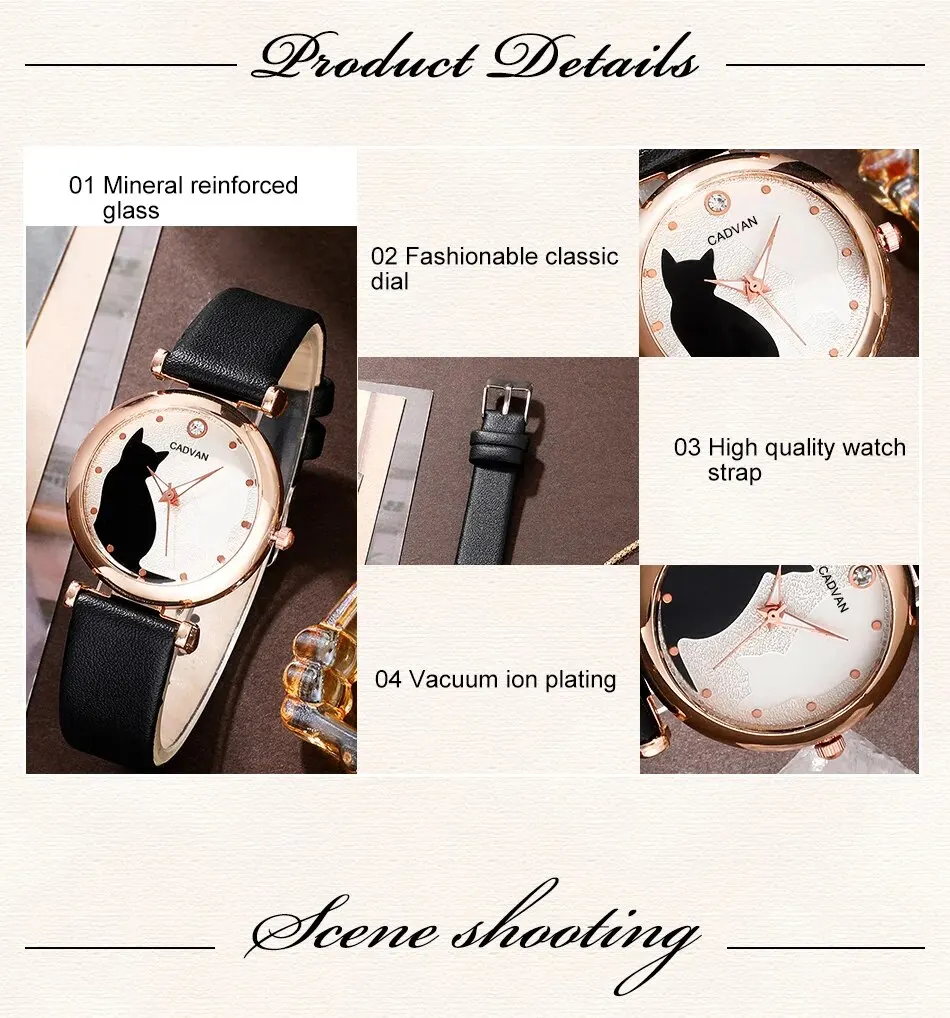 Sa5ec154e034848c2ba36075f3e6d671dm 6PCS Set Women Fashion Quartz Watch Female Clock Cute Cat Dial Luxury Brand Design Ladies Leather Wrist Watch Montre Femme Mallzona