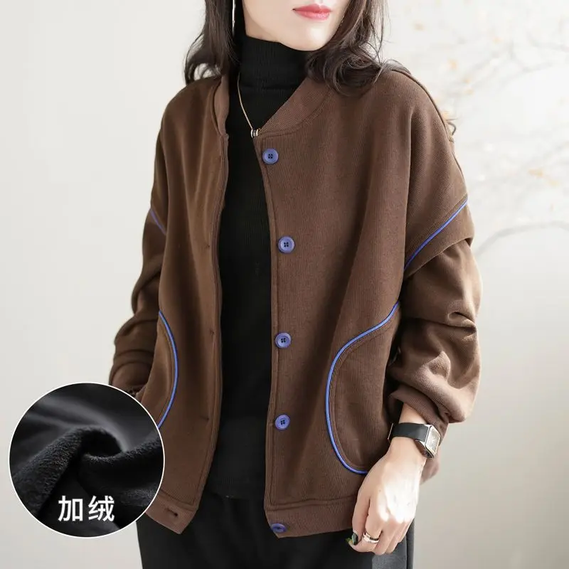 

High Content Cotton Coat Women Autumn and Winter 2023 O Neck Casual Women Top Black Commuter Long Sleeve Cardigan Coat Female