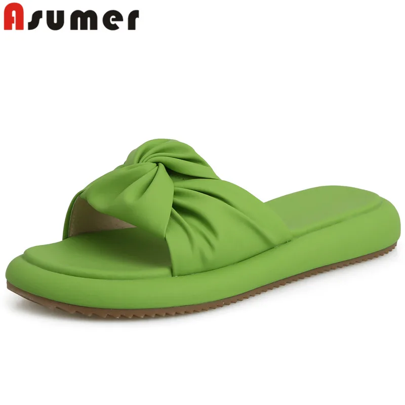 

Женские Плиссированные шлепанцы ASUMER, из натуральной кожи, с круглым носком, на плоской подошве и каблуке, Повседневная летняя обувь, 2023