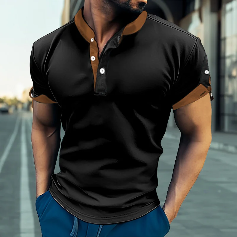 

Fashion Patchwork Stand Collar T Shirts Men Casual Loose Short Sleeve Button Polo Shirt Summer Leisure Men's Pullover Streetwear