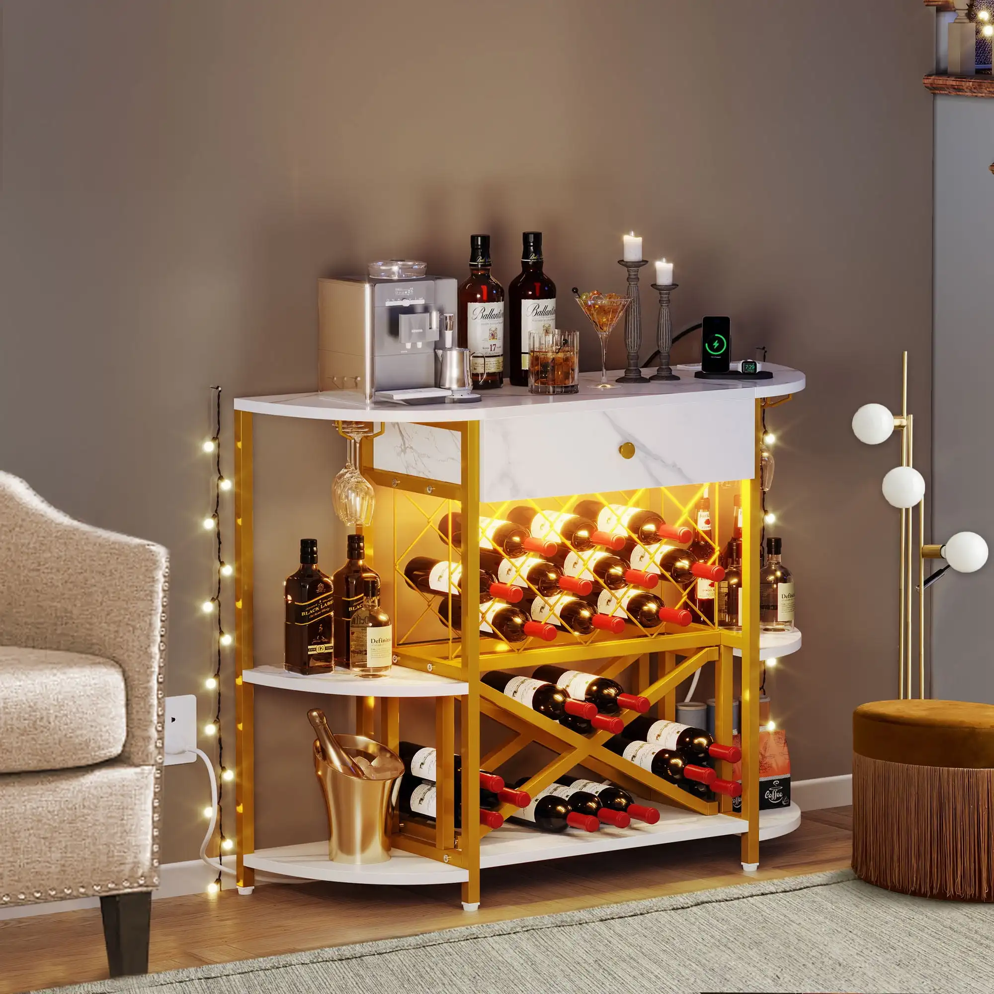 

3-Tier Coffee Bar Wine Cabinet w/ LED Lights & Power Outlets, Wine Rack Table for Liquor w/ Glass Holder & Drawer, Gold & White