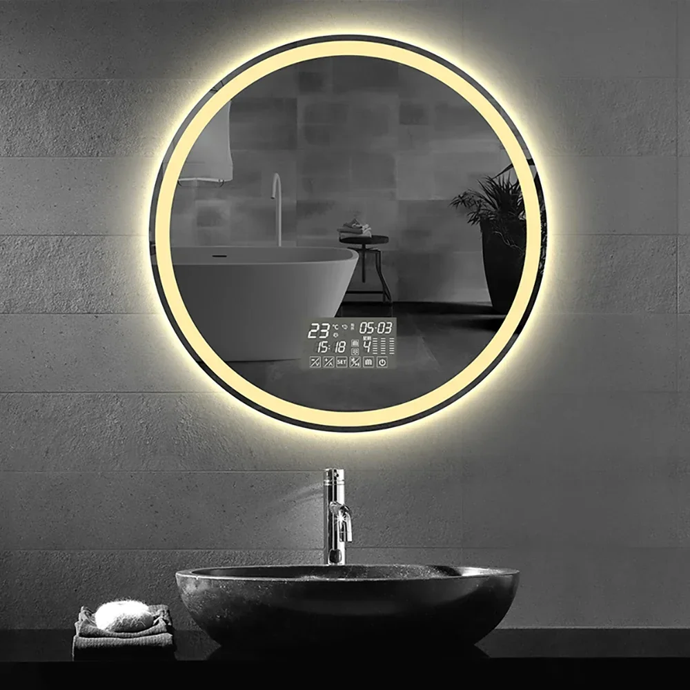 70CM Round Smart Hotel Bedroom Defogging Decorative Mirror 3 Color Adjustable Backlight With LED Bathroom