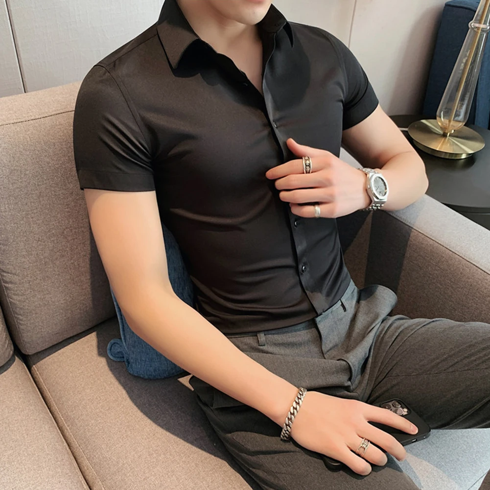 Description Picture 5 of itemComfy Fashion Shirt Men Dress Shirts Formal Polyester Regular Shirt Short Sleeve Solid Color 1 Pc Blouse Business