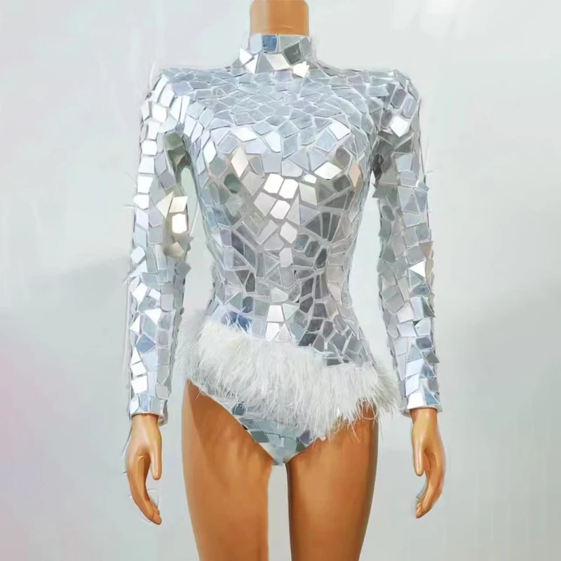 

Silver Mirrors Feather Bodysuit Sexy Pole Dance Clothing Women Gogo Dancer Costume Nightclub Ds Dj Stage Rave Outfit XS6139