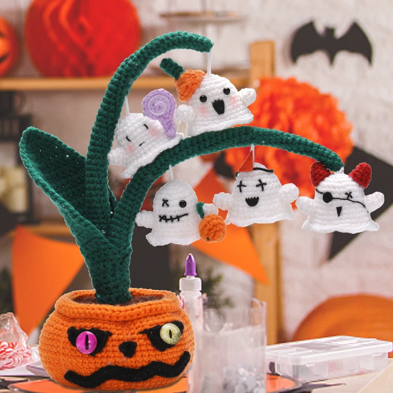 Halloween Festival Crochet Material Package Pumpkin Devil Pots for Crochet Lovers Include Yarn Hook Tools Suppli