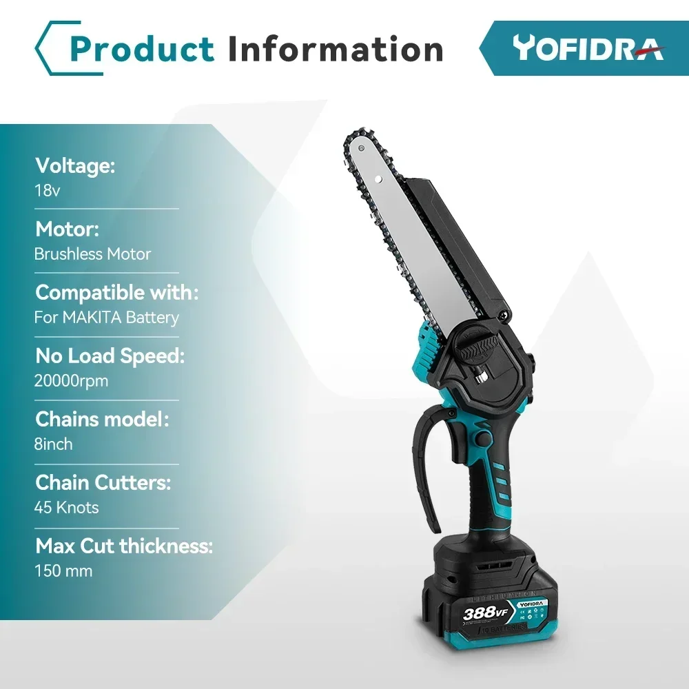 YOFIDRA 8 Inch Brushless Electric Saw With Oiler Efficient Cordless Woodworking Garden Logging Saw Tool For Makita 18V Battery 5