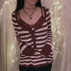 Dourbesty 2000s Cute Sweaters Y2k Women Knit Striped Button Up Bow Square Collar Tops 2000s Long Sleeve Pullovers Tee Streetwear