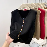 Sweater Vest Autumn Women Rainbow Single-breasted Button Soft Sweater Loose Knit Vest V-neck Knitwear Cardigan Lady Waistcoats - Image 5