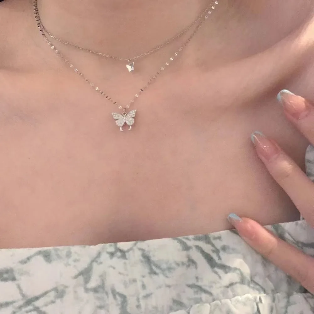 Women Luxury Double Layer Butterfly Pendant Necklace Niche Lightweight Versatile Fashionable Design Sensibility Gifts