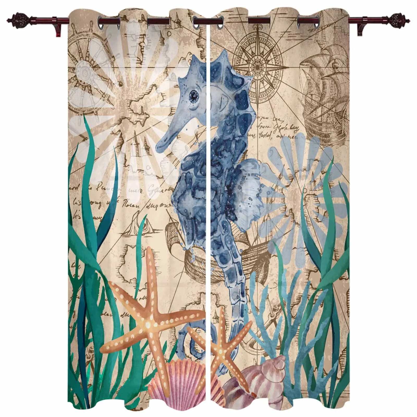 

Seahorse Seaweed Starfish Shell Retro Modern Window Curtains for Living Room Luxury Bedroom Blinds Drapes Kitchen Curtains