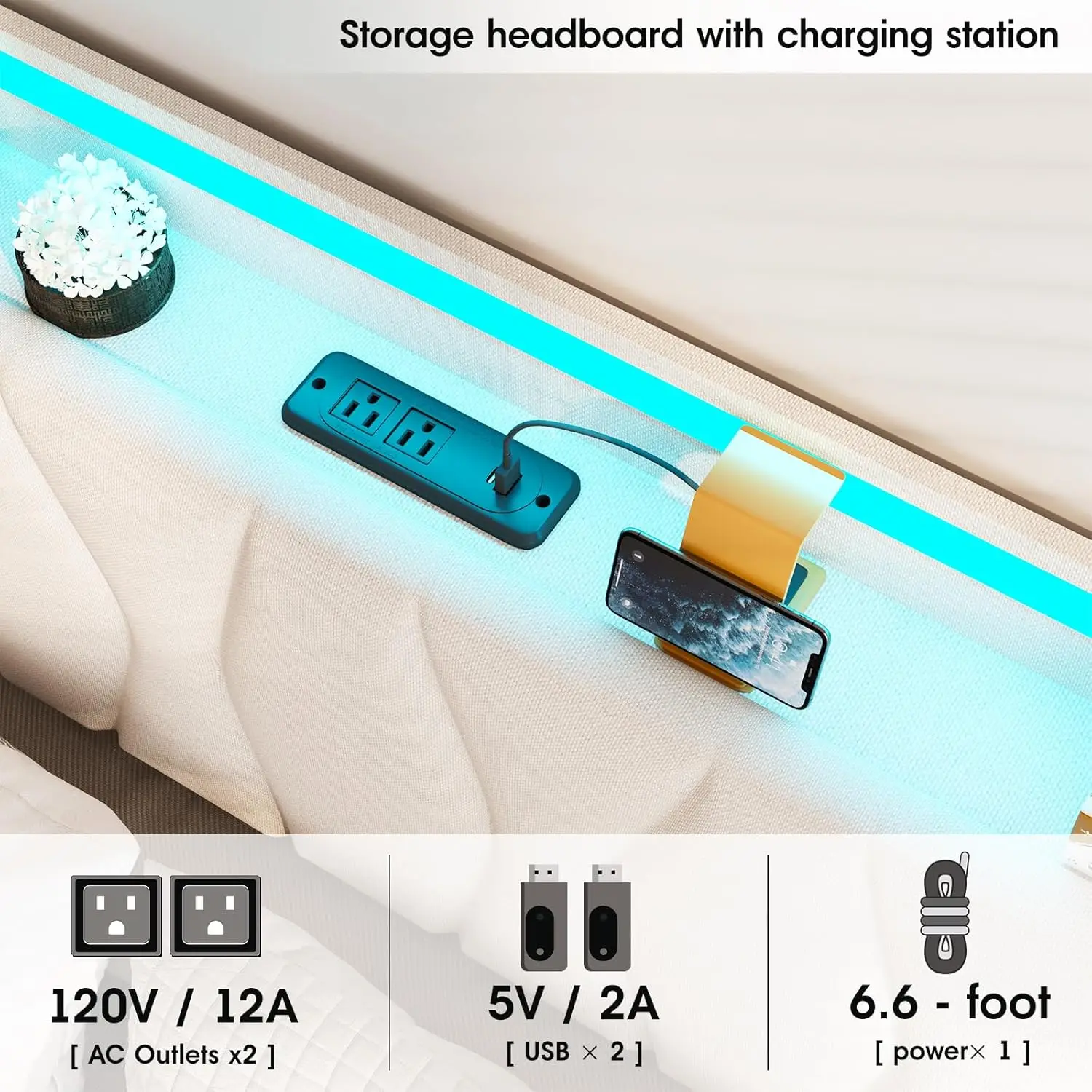 Twin Size Lift Up Storage Bed Frame with Adjustable Headboard, Charging Station, LED Lights, Wood Slats, Noise-Free