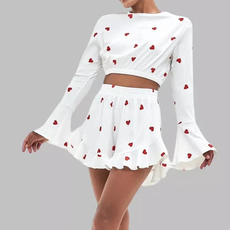 2024 Summer Pink Love Printed Waisted Pure Desire Slim Shorts Ladies Homewear Women's Two Pieces Set