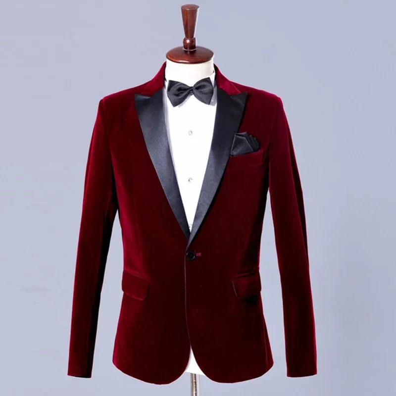 Retro Men Suit Jacket for Boyfriend Burgundy Velvet Dinner Blazer Wedding Groom Slim Fit with Black Peak Lapel Fashion Coat men suits jackets